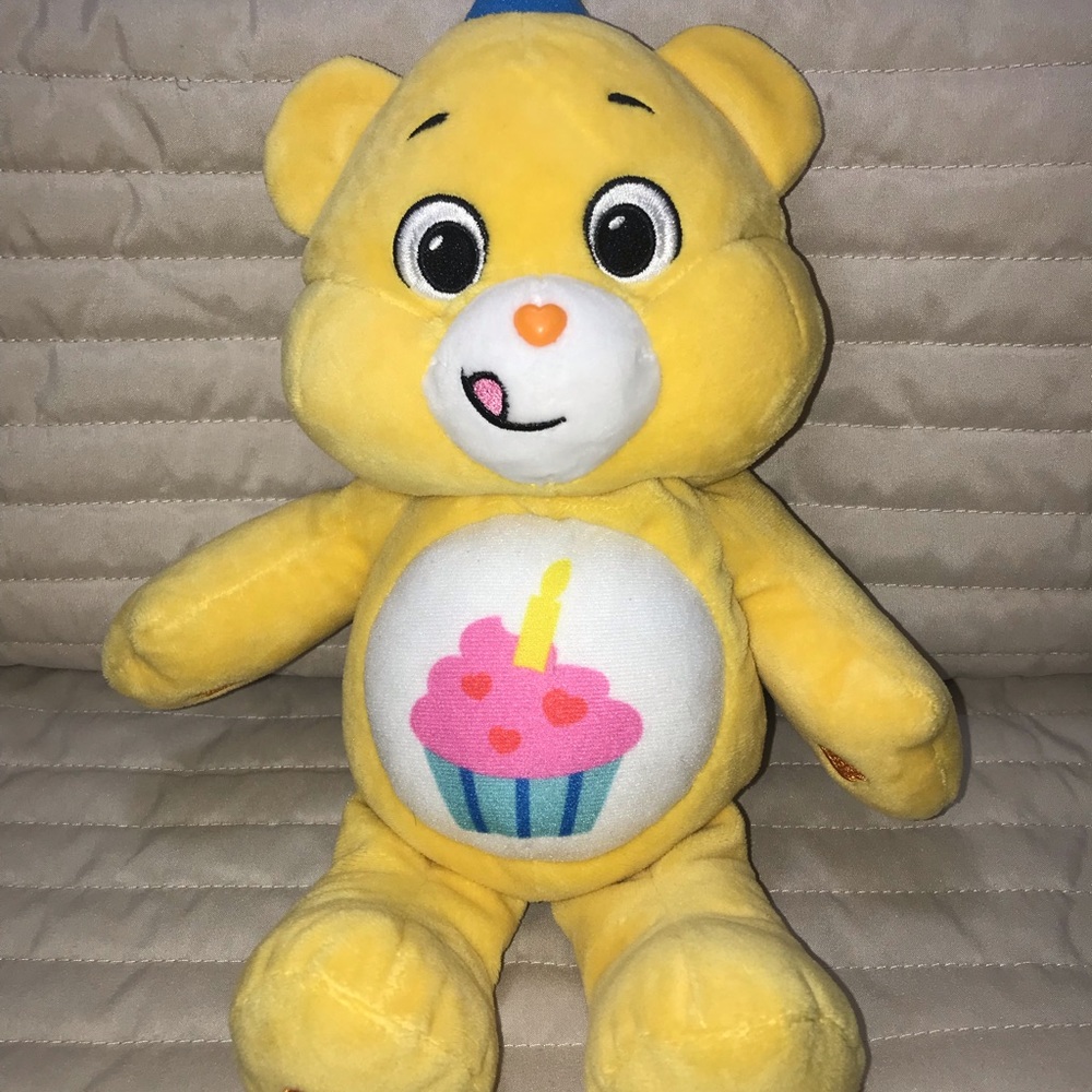 Birthday Care Bear  2021 yellow plush Kids Toy 14 In.  Party hat & cupcake Sits